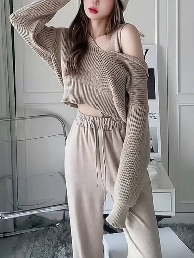 背心+落肩粗針毛衣+直筒寬褲套裝｜三色11