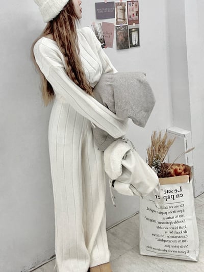 針織圓領長袖+綁繩長褲套裝11