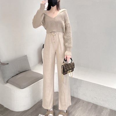 背心+落肩粗針毛衣+直筒寬褲套裝｜三色12