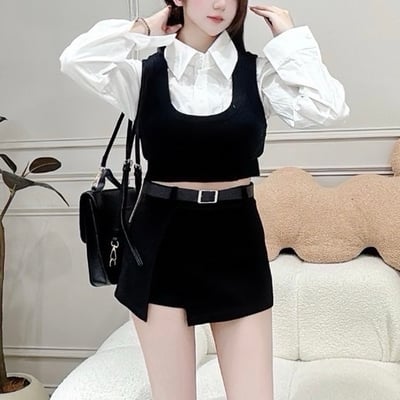 針織背心毛衣襯衫假兩件上衣｜三色1