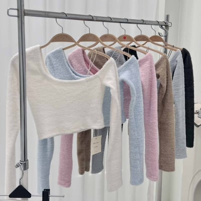 水貂毛單肩短版長袖上衣｜六色16