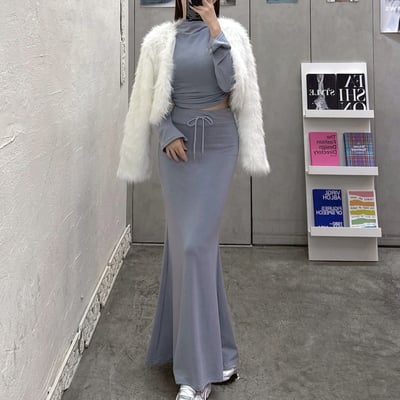 喇叭袖高領+魚尾長裙套裝｜四色9