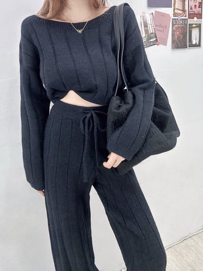 針織圓領長袖+綁繩長褲套裝4