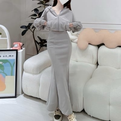 連帽拉鍊短版外套+後開衩魚尾長裙套裝｜四色4