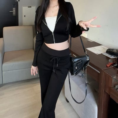 後綁帶連帽外套+簍空平口+喇叭長褲套裝｜三色2