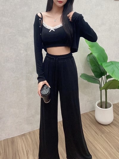 蝴蝶結蕾絲細肩背心+寬褲+外罩衫套裝｜四色4