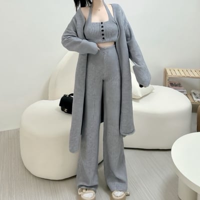 厚磅針織排釦掛脖背心+喇叭褲+長版針織外套套裝｜三色1