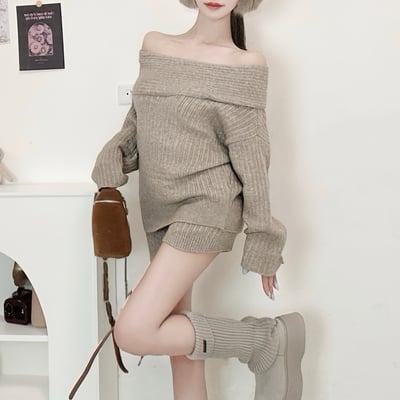 針織寬鬆平口毛衣+短褲套裝｜四色5