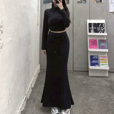 喇叭袖高領+魚尾長裙套裝｜四色2