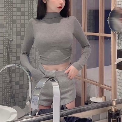 高領側抓皺罩杯長袖上衣｜五色3