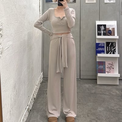 排釦罩杯長袖+披肩+喇叭長褲套裝｜三色5