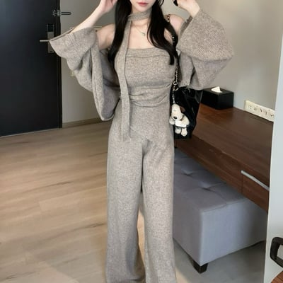 繞脖不規則抓皺平口+外罩+寬褲針織套裝｜三色1