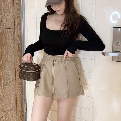 高腰抽繩皮革短褲｜三色1