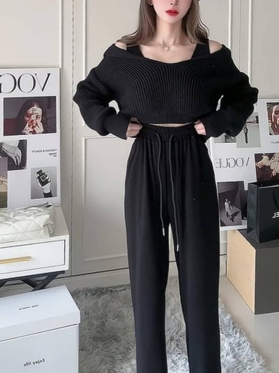 背心+落肩粗針毛衣+直筒寬褲套裝｜三色8