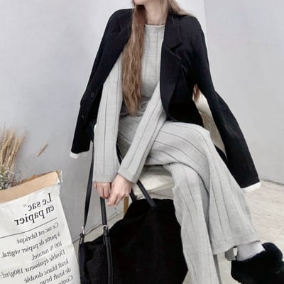 針織圓領長袖+綁繩長褲套裝2