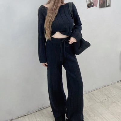 針織圓領長袖+綁繩長褲套裝6