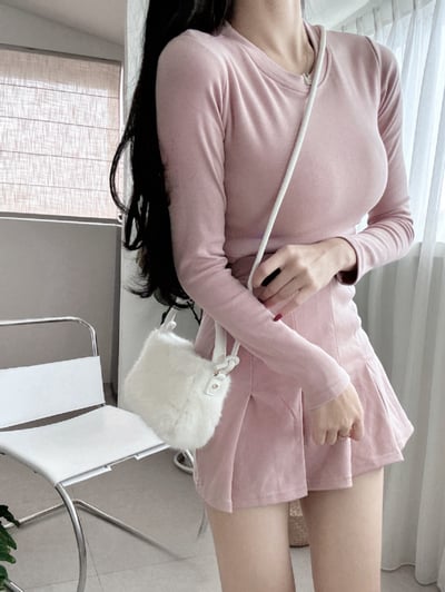 罩杯短版圓領上衣+百褶短裙套裝｜四色2