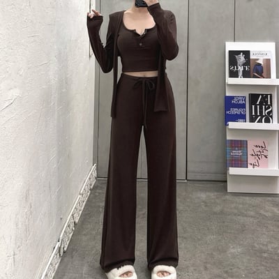 排釦罩杯長袖+披肩+喇叭長褲套裝｜三色1