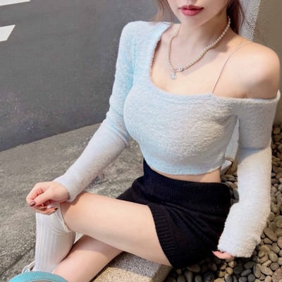 水貂毛單肩短版長袖上衣｜六色15