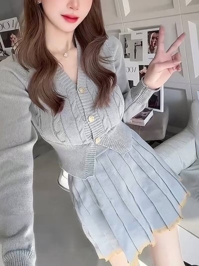 針織鈕釦外套+百摺短裙套裝｜三色5