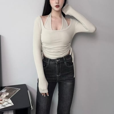 掛脖罩杯背心+側抽繩長袖上衣｜四色3