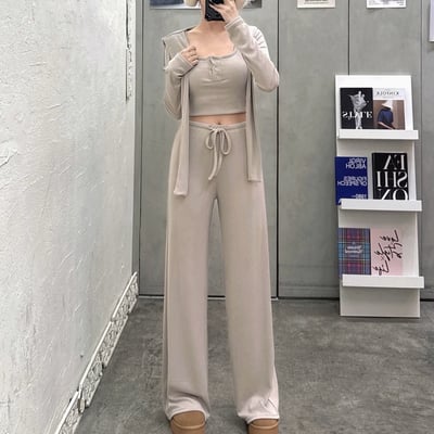 排釦罩杯長袖+披肩+喇叭長褲套裝｜三色4