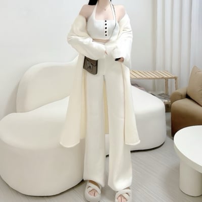 厚磅針織排釦掛脖背心+喇叭褲+長版針織外套套裝｜三色5