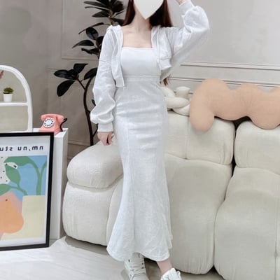 連帽拉鍊短版外套+後開衩魚尾長裙套裝｜四色8