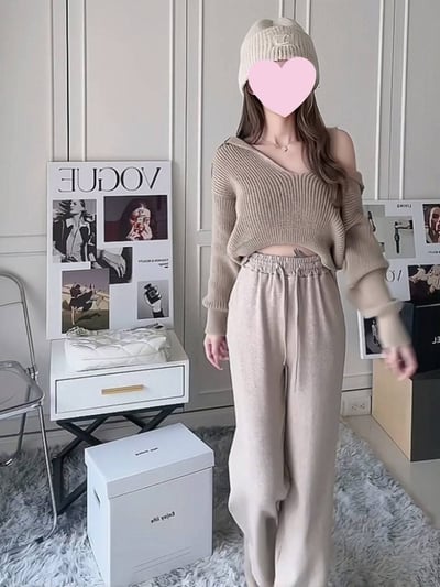 背心+落肩粗針毛衣+直筒寬褲套裝｜三色9