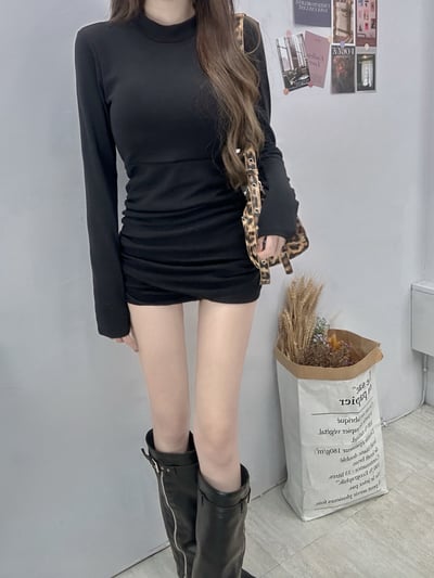 微高領側抓皺連身內杯短裙｜四色8