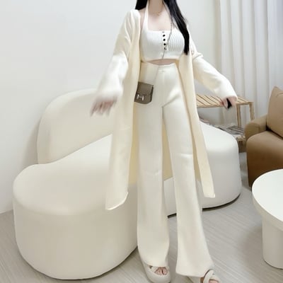 厚磅針織排釦掛脖背心+喇叭褲+長版針織外套套裝｜三色4