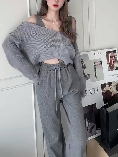 背心+落肩粗針毛衣+直筒寬褲套裝｜三色2