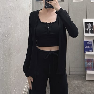 排釦罩杯長袖+披肩+喇叭長褲套裝｜三色9