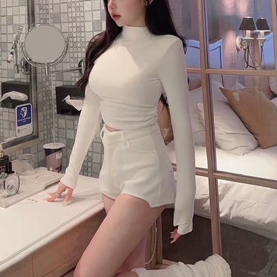 高領側抓皺罩杯長袖上衣｜五色2