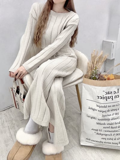 針織圓領長袖+綁繩長褲套裝8