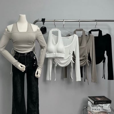 掛脖罩杯背心+側抽繩長袖上衣｜四色5