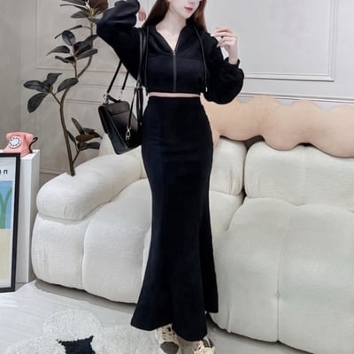 連帽拉鍊短版外套+後開衩魚尾長裙套裝｜四色6