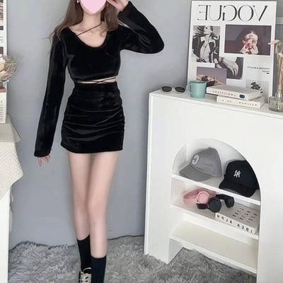 毛絨短版長袖+綁繩毛絨短裙套裝｜五色9