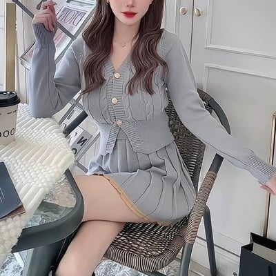 針織鈕釦外套+百摺短裙套裝｜三色7