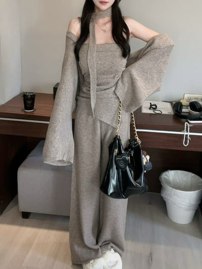 繞脖不規則抓皺平口+外罩+寬褲針織套裝｜三色3