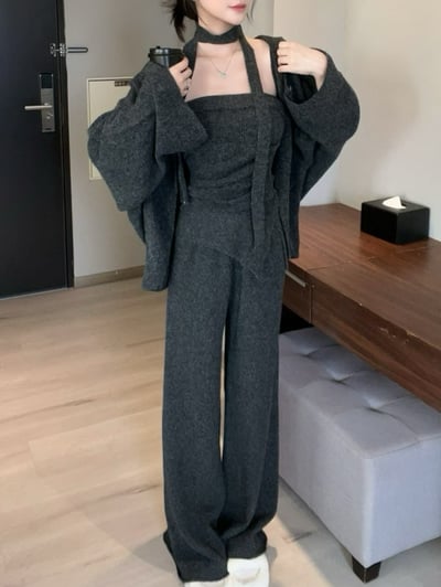 繞脖不規則抓皺平口+外罩+寬褲針織套裝｜三色10