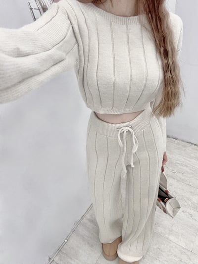 針織圓領長袖+綁繩長褲套裝7