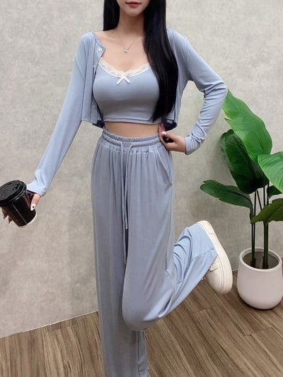 蝴蝶結蕾絲細肩背心+寬褲+外罩衫套裝｜四色6