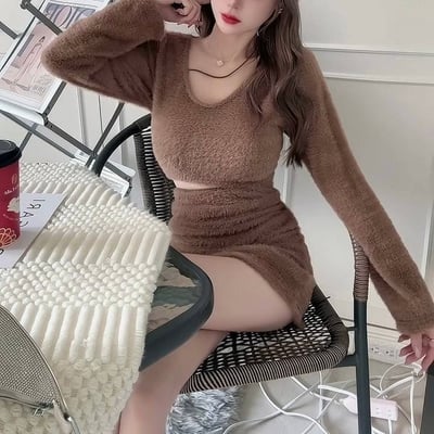 毛絨短版長袖+綁繩毛絨短裙套裝｜五色11