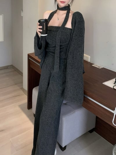 繞脖不規則抓皺平口+外罩+寬褲針織套裝｜三色11