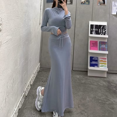 喇叭袖高領+魚尾長裙套裝｜四色8