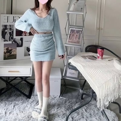 毛絨短版長袖+綁繩毛絨短裙套裝｜五色2