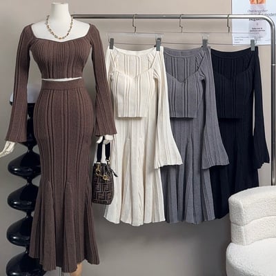 厚磅針織桃心領長袖＋魚尾長裙套裝｜四色6