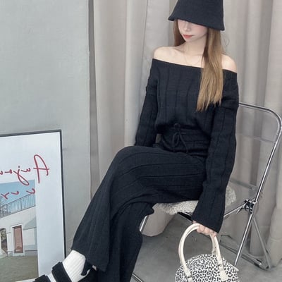 針織圓領長袖+綁繩長褲套裝5