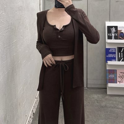 排釦罩杯長袖+披肩+喇叭長褲套裝｜三色3